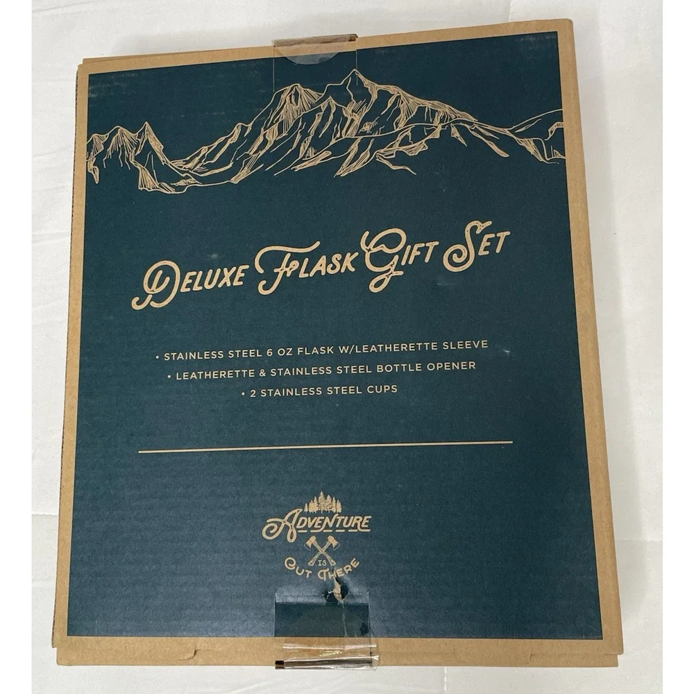 Adventure Is Out There Deluxe Flask Gift Set 6 oz Cups Bottle Opener New